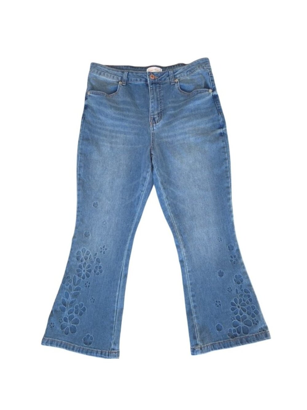 Copper Flash Women's Bootcut Jeans Floral Detail Size 12 Blue Stretch Denim